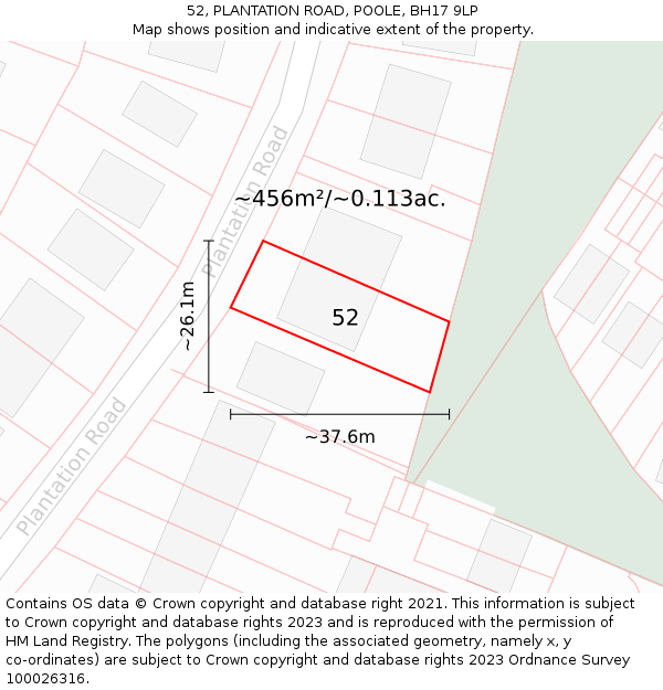 52, PLANTATION ROAD, POOLE, BH17 9LP: Plot and title map