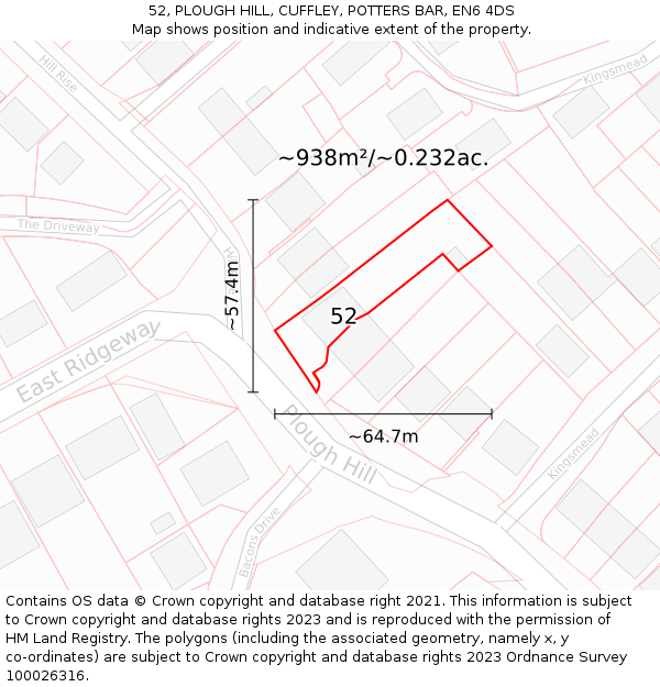 52, PLOUGH HILL, CUFFLEY, POTTERS BAR, EN6 4DS: Plot and title map