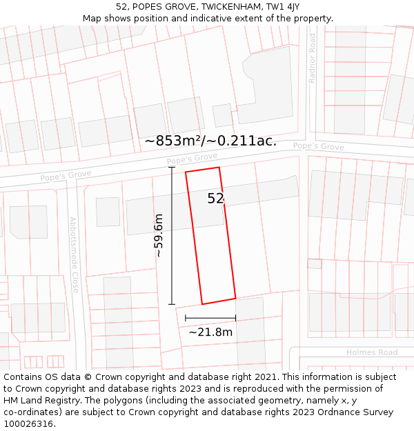 52, POPES GROVE, TWICKENHAM, TW1 4JY: Plot and title map