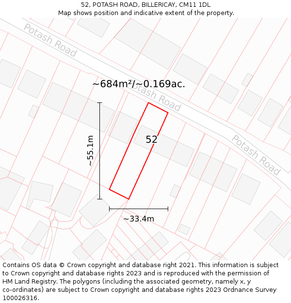 52, POTASH ROAD, BILLERICAY, CM11 1DL: Plot and title map