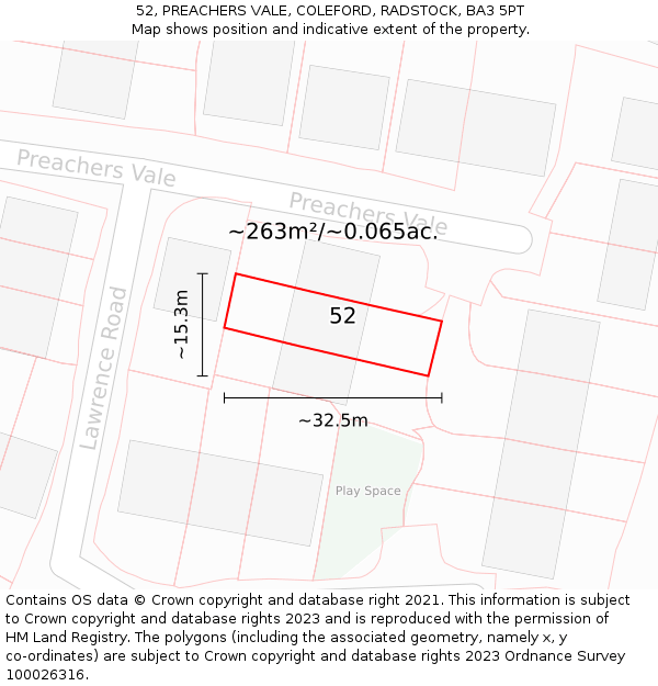52, PREACHERS VALE, COLEFORD, RADSTOCK, BA3 5PT: Plot and title map