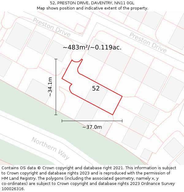 52, PRESTON DRIVE, DAVENTRY, NN11 0GL: Plot and title map