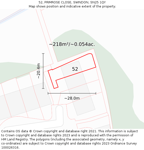 52, PRIMROSE CLOSE, SWINDON, SN25 1QY: Plot and title map
