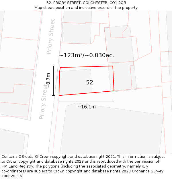 52, PRIORY STREET, COLCHESTER, CO1 2QB: Plot and title map