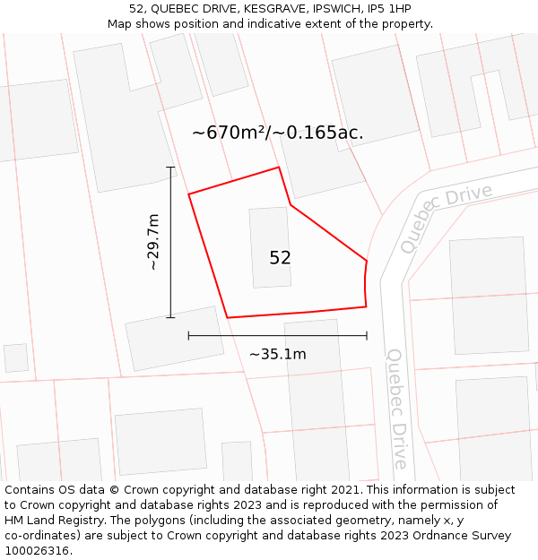 52, QUEBEC DRIVE, KESGRAVE, IPSWICH, IP5 1HP: Plot and title map