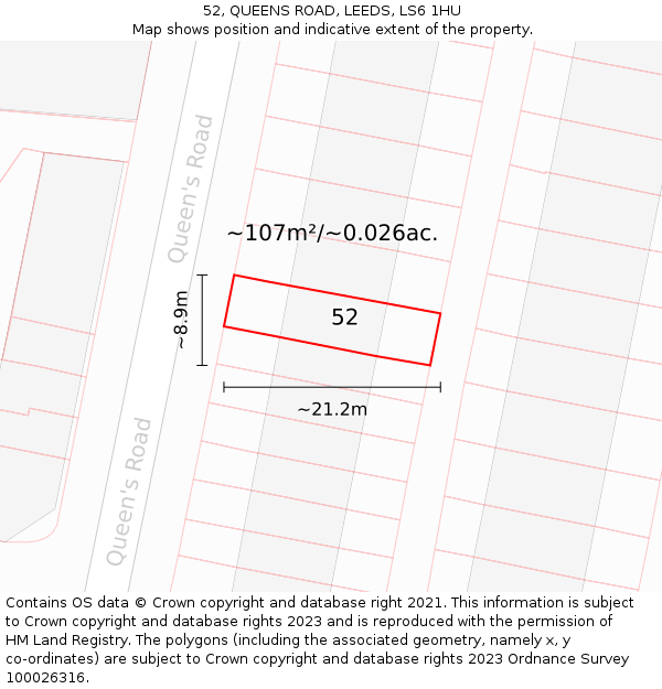 52, QUEENS ROAD, LEEDS, LS6 1HU: Plot and title map
