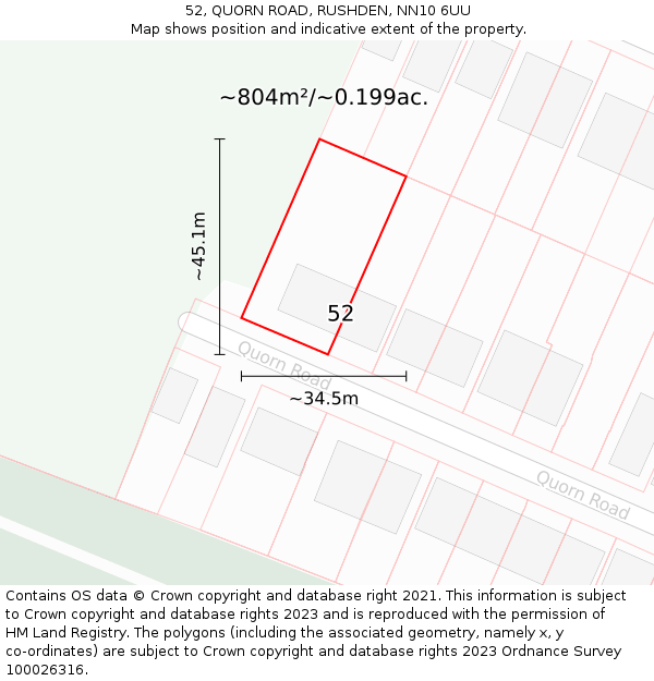 52, QUORN ROAD, RUSHDEN, NN10 6UU: Plot and title map