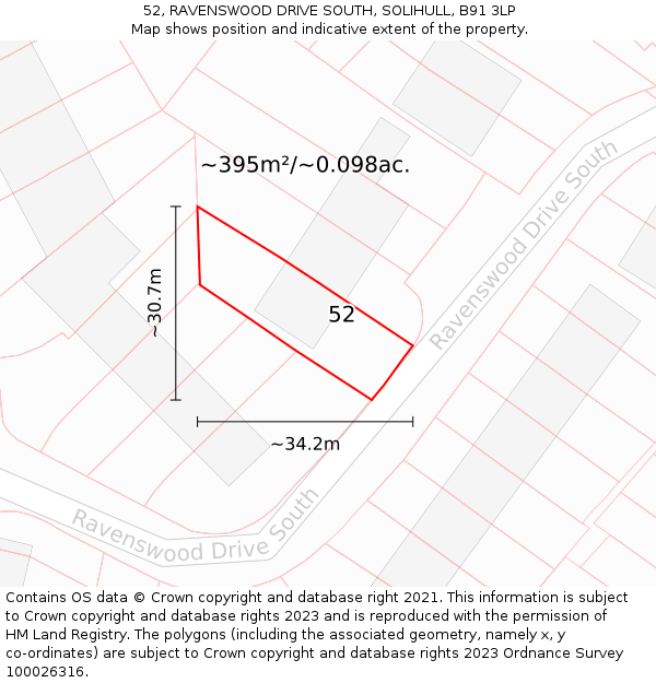 52, RAVENSWOOD DRIVE SOUTH, SOLIHULL, B91 3LP: Plot and title map