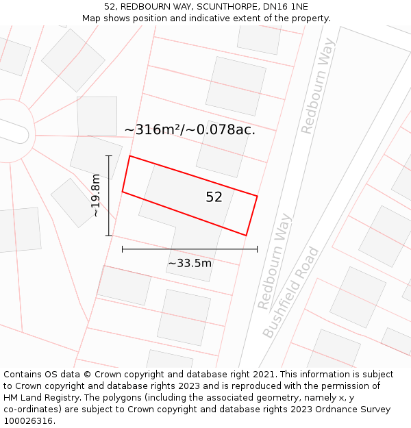 52, REDBOURN WAY, SCUNTHORPE, DN16 1NE: Plot and title map