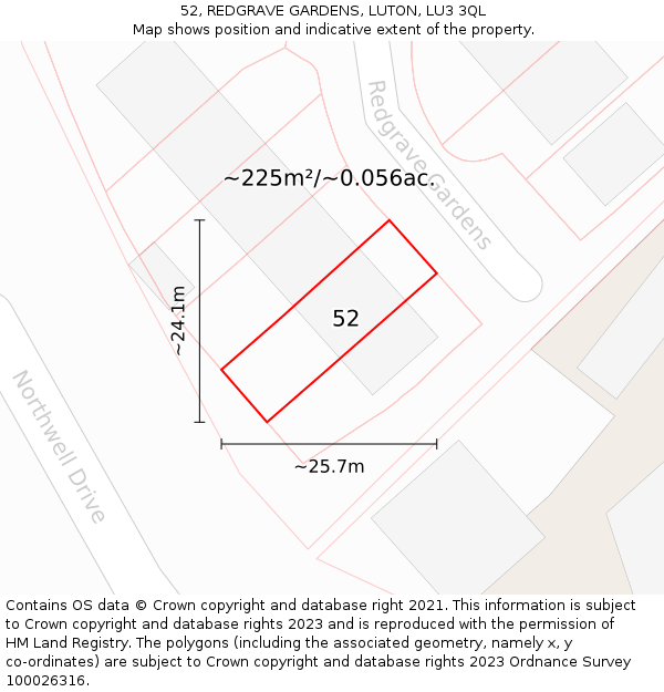 52, REDGRAVE GARDENS, LUTON, LU3 3QL: Plot and title map