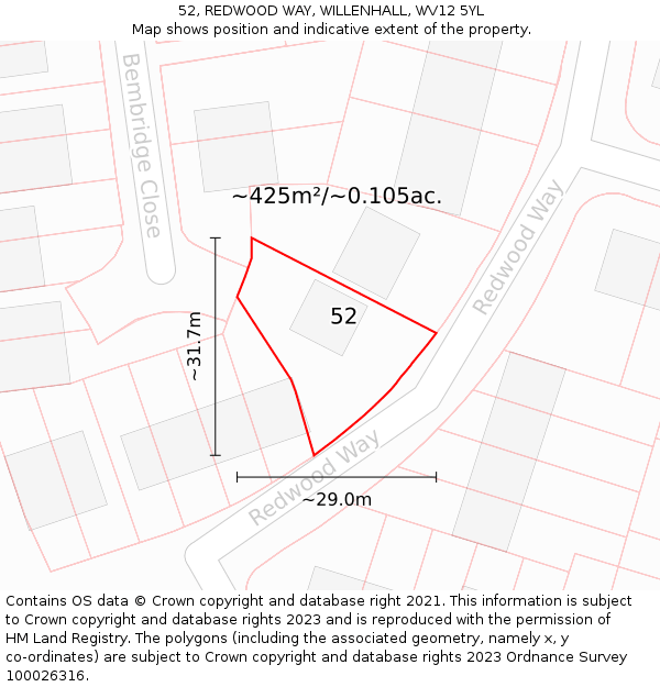52, REDWOOD WAY, WILLENHALL, WV12 5YL: Plot and title map