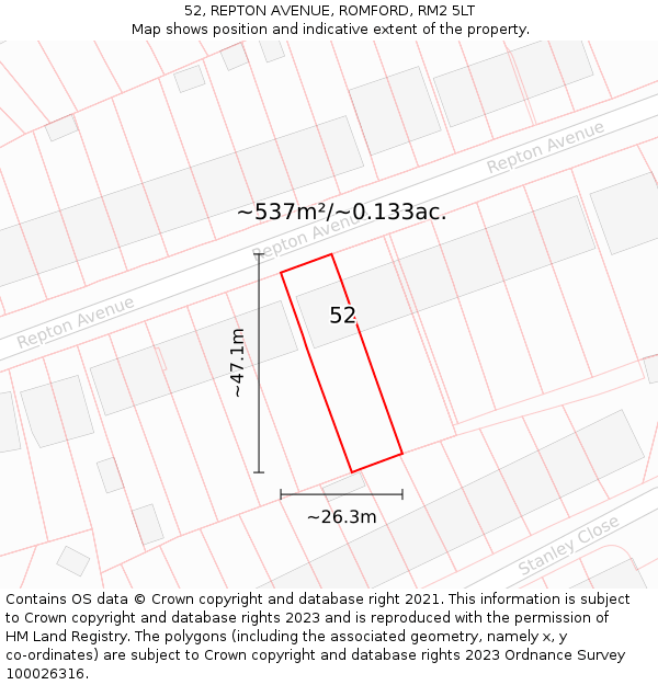 52, REPTON AVENUE, ROMFORD, RM2 5LT: Plot and title map