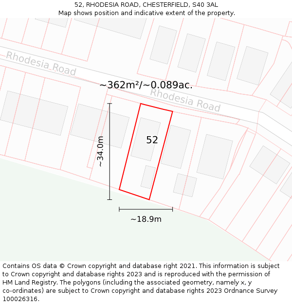 52, RHODESIA ROAD, CHESTERFIELD, S40 3AL: Plot and title map
