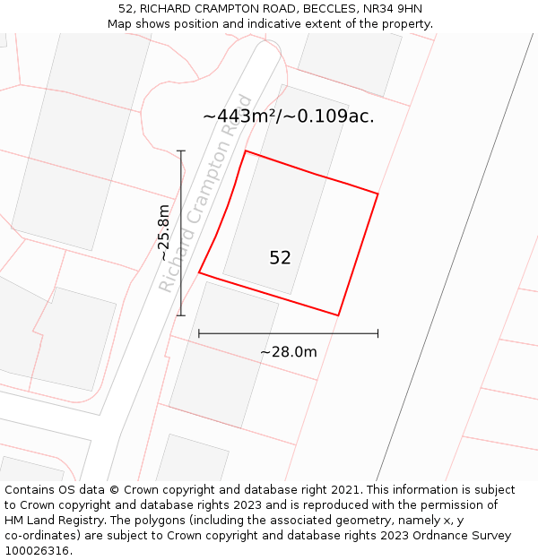 52, RICHARD CRAMPTON ROAD, BECCLES, NR34 9HN: Plot and title map