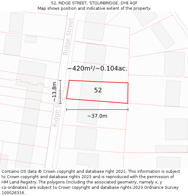 52, RIDGE STREET, STOURBRIDGE, DY8 4QF: Plot and title map