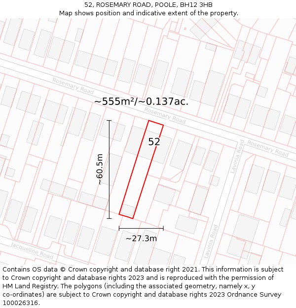 52, ROSEMARY ROAD, POOLE, BH12 3HB: Plot and title map