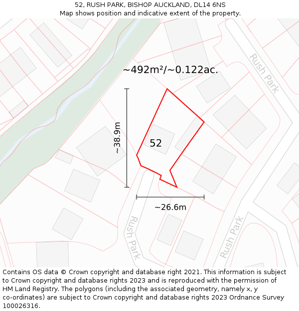 52, RUSH PARK, BISHOP AUCKLAND, DL14 6NS: Plot and title map
