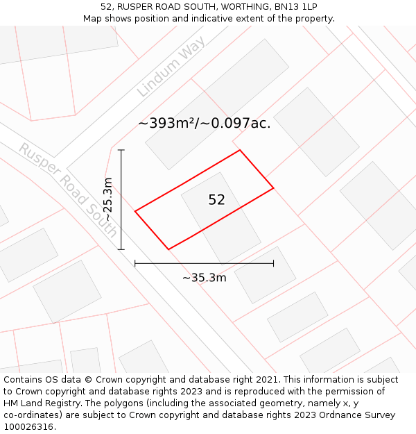 52, RUSPER ROAD SOUTH, WORTHING, BN13 1LP: Plot and title map