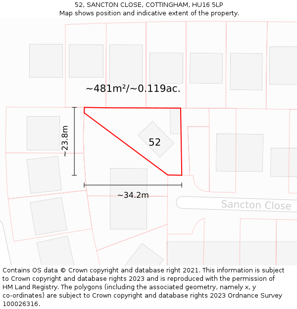 52, SANCTON CLOSE, COTTINGHAM, HU16 5LP: Plot and title map