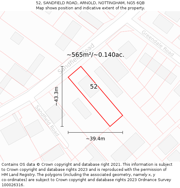 52, SANDFIELD ROAD, ARNOLD, NOTTINGHAM, NG5 6QB: Plot and title map