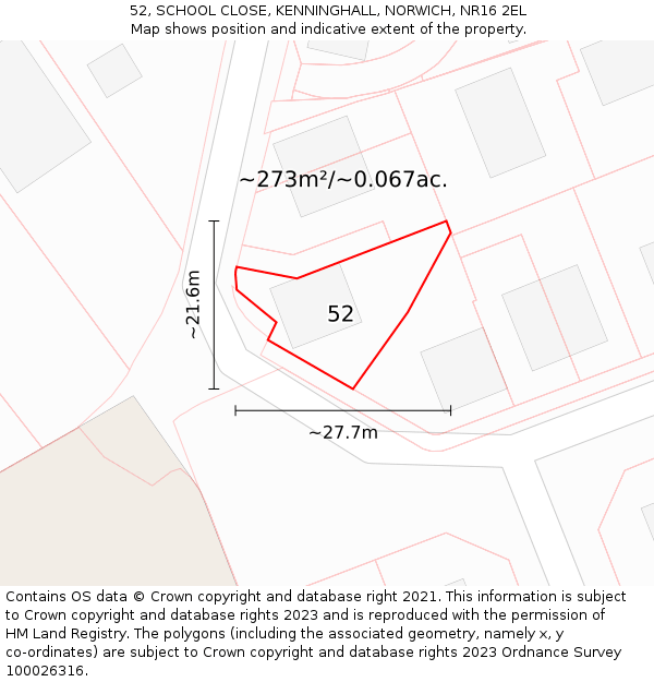 52, SCHOOL CLOSE, KENNINGHALL, NORWICH, NR16 2EL: Plot and title map