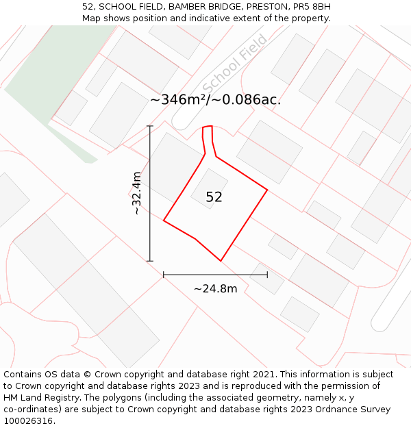 52, SCHOOL FIELD, BAMBER BRIDGE, PRESTON, PR5 8BH: Plot and title map