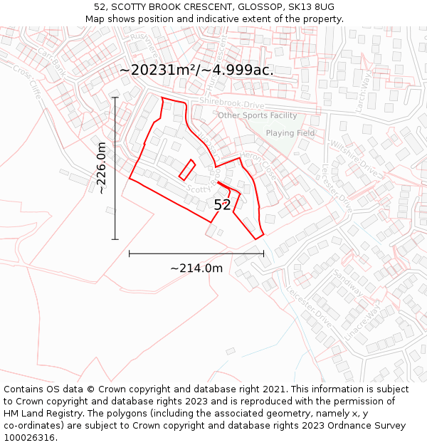 52, SCOTTY BROOK CRESCENT, GLOSSOP, SK13 8UG: Plot and title map
