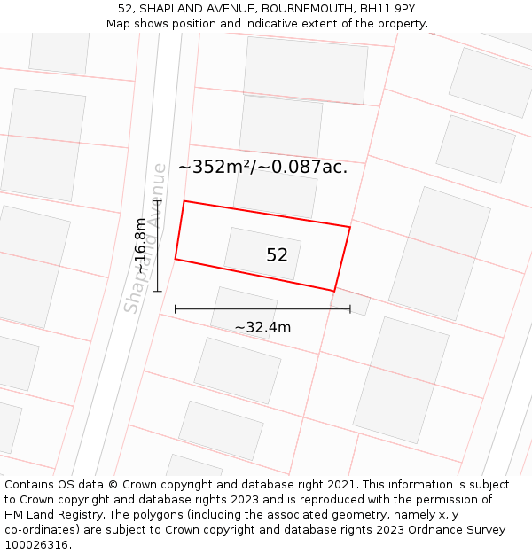 52, SHAPLAND AVENUE, BOURNEMOUTH, BH11 9PY: Plot and title map