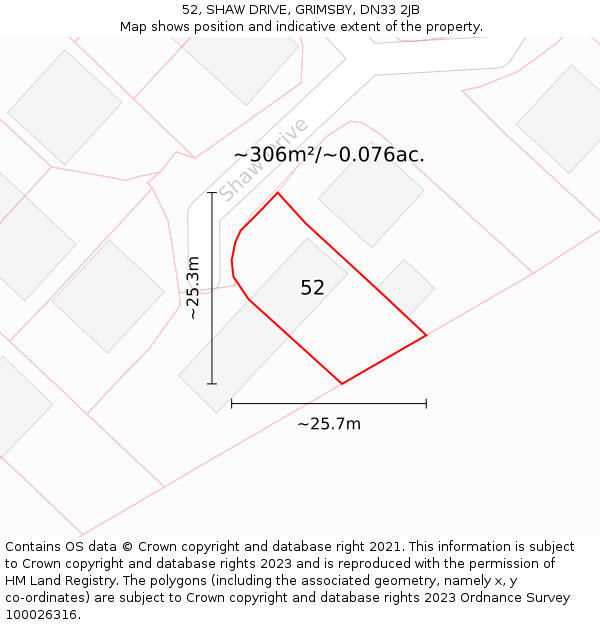 52, SHAW DRIVE, GRIMSBY, DN33 2JB: Plot and title map