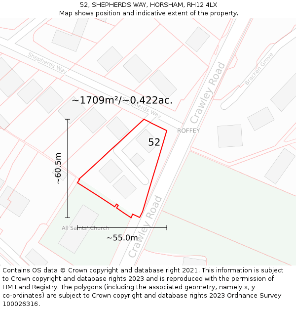 52, SHEPHERDS WAY, HORSHAM, RH12 4LX: Plot and title map
