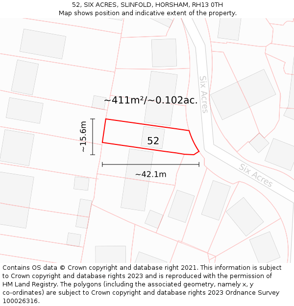 52, SIX ACRES, SLINFOLD, HORSHAM, RH13 0TH: Plot and title map