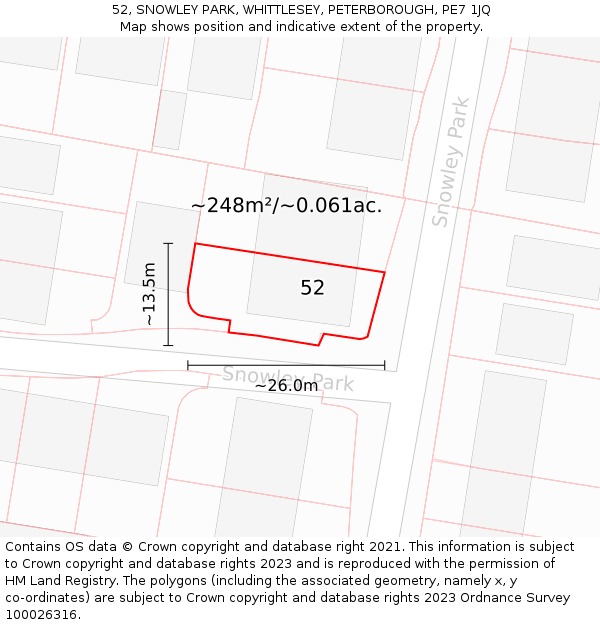 52, SNOWLEY PARK, WHITTLESEY, PETERBOROUGH, PE7 1JQ: Plot and title map