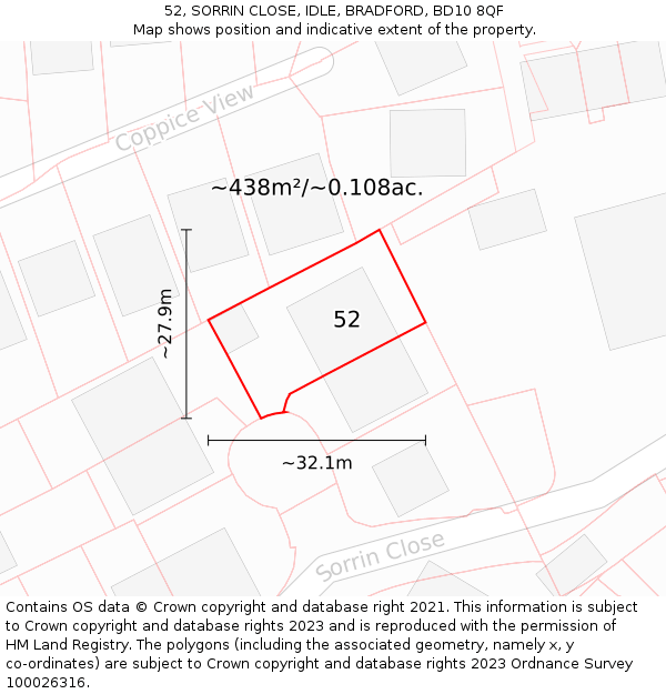 52, SORRIN CLOSE, IDLE, BRADFORD, BD10 8QF: Plot and title map