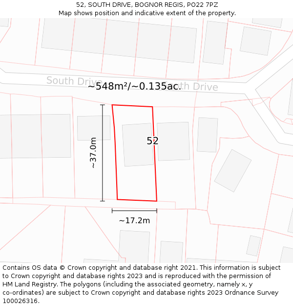 52, SOUTH DRIVE, BOGNOR REGIS, PO22 7PZ: Plot and title map