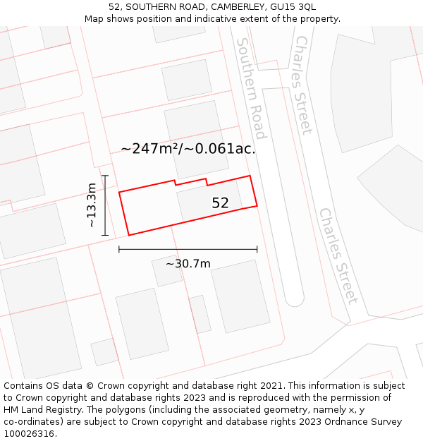 52, SOUTHERN ROAD, CAMBERLEY, GU15 3QL: Plot and title map