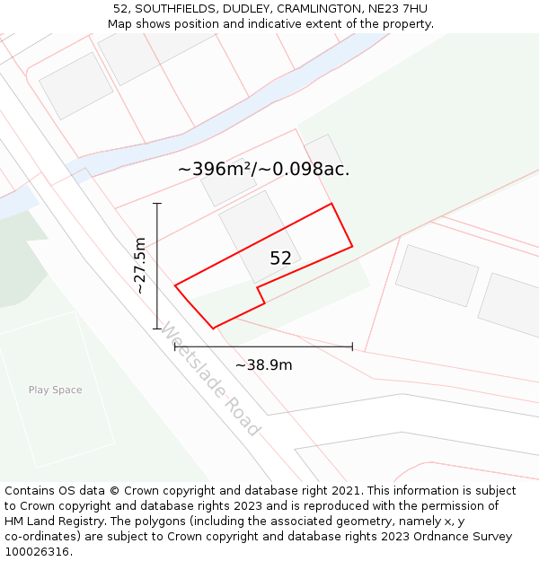 52, SOUTHFIELDS, DUDLEY, CRAMLINGTON, NE23 7HU: Plot and title map