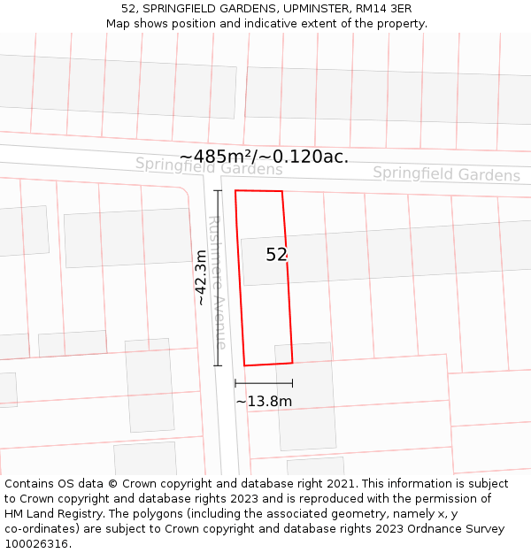 52, SPRINGFIELD GARDENS, UPMINSTER, RM14 3ER: Plot and title map