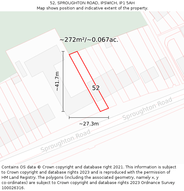 52, SPROUGHTON ROAD, IPSWICH, IP1 5AH: Plot and title map