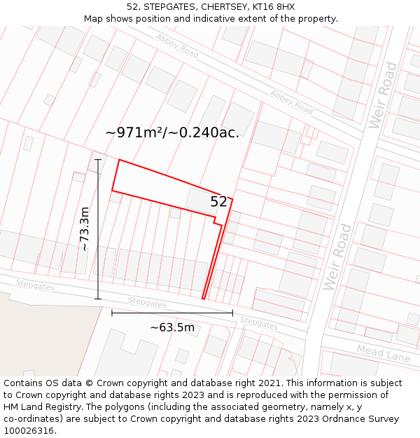 52, STEPGATES, CHERTSEY, KT16 8HX: Plot and title map