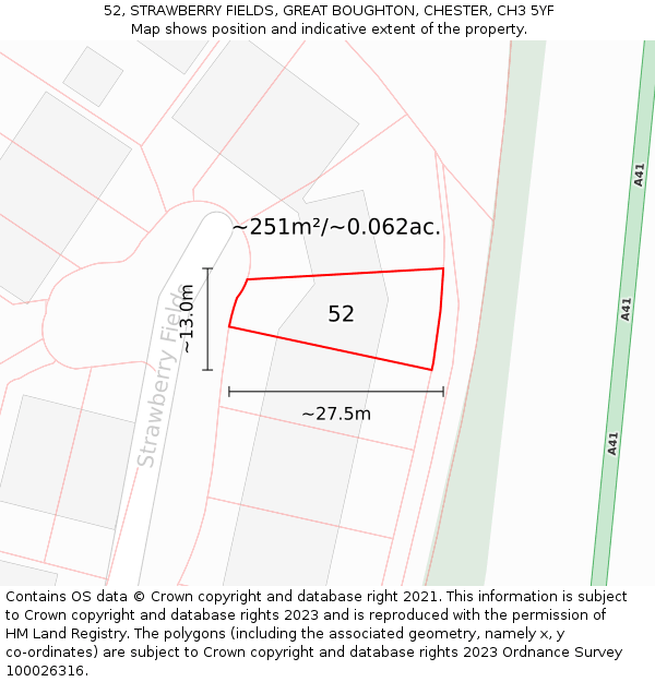 52, STRAWBERRY FIELDS, GREAT BOUGHTON, CHESTER, CH3 5YF: Plot and title map