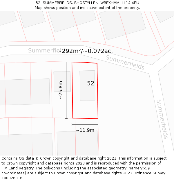 52, SUMMERFIELDS, RHOSTYLLEN, WREXHAM, LL14 4EU: Plot and title map