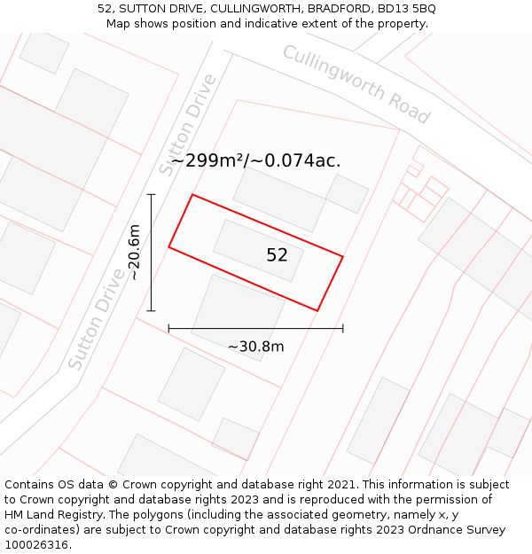 52, SUTTON DRIVE, CULLINGWORTH, BRADFORD, BD13 5BQ: Plot and title map