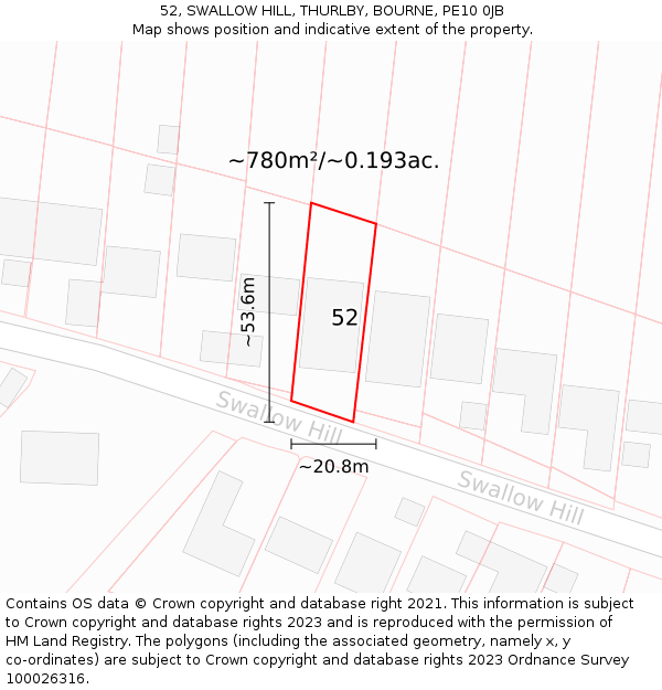 52, SWALLOW HILL, THURLBY, BOURNE, PE10 0JB: Plot and title map