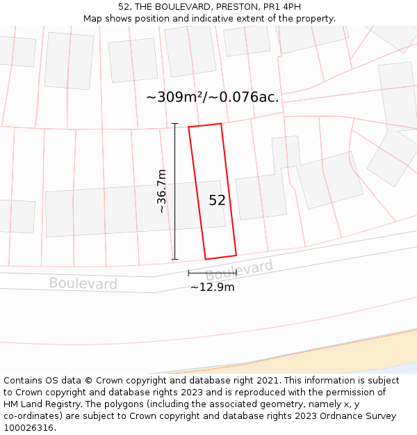 52, THE BOULEVARD, PRESTON, PR1 4PH: Plot and title map
