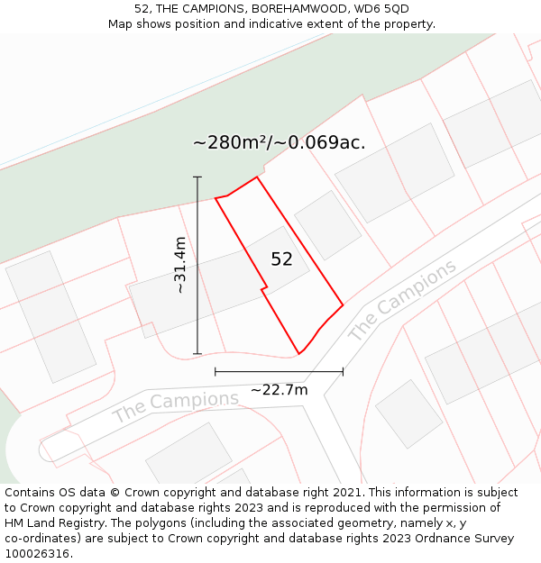 52, THE CAMPIONS, BOREHAMWOOD, WD6 5QD: Plot and title map