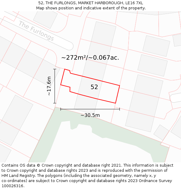 52, THE FURLONGS, MARKET HARBOROUGH, LE16 7XL: Plot and title map