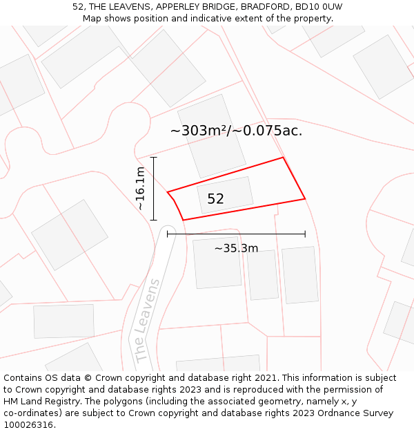 52, THE LEAVENS, APPERLEY BRIDGE, BRADFORD, BD10 0UW: Plot and title map