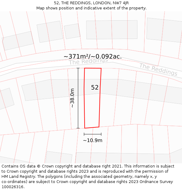 52, THE REDDINGS, LONDON, NW7 4JR: Plot and title map