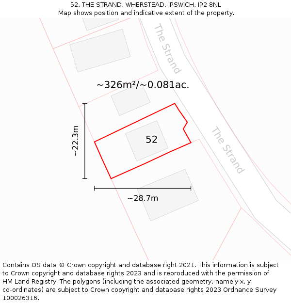 52, THE STRAND, WHERSTEAD, IPSWICH, IP2 8NL: Plot and title map