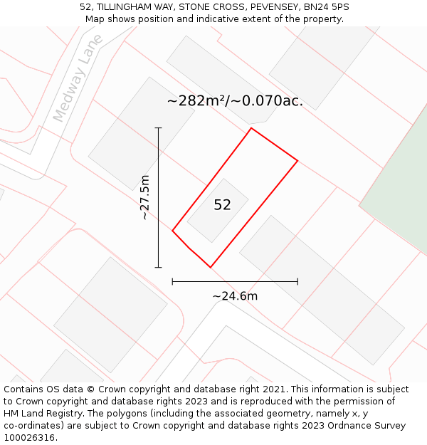 52, TILLINGHAM WAY, STONE CROSS, PEVENSEY, BN24 5PS: Plot and title map